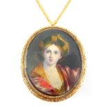 19th C portrait miniature of a young woman in oriental costume with an elaborate green and gold