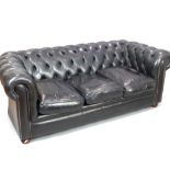 Chesterfield, contemporary black leather buttonback, roll arm sofa, bun feet, 185cm w.