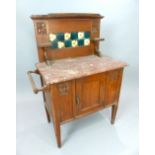 Oak tiled back cabinet, floral carving, floral tiles, variegated red marble top, single door,