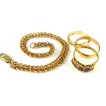 Two 14ct yellow gold bands, a 14ct chain bracelet and a 9ct dress ring, 16.2 g.