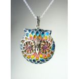 Silver and enamel owl head pendant on chain