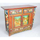 Indian hardwood side cabinet, painted with animals and birds within pagoda landscapes, fitted two