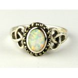 Silver marcasite and opalite dress ring with knot shoulder