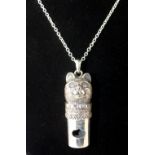 Silver whistle cast with a cat's head on fine link chain.