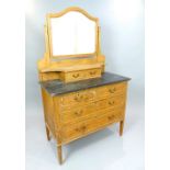 Beech dressing table, applied bead and scroll trim, black marble top, two over two drawers, tapering