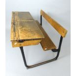 School desk, lift up rest and inkwell holes, lift up twin seat, mid 20th C, 102cm w.