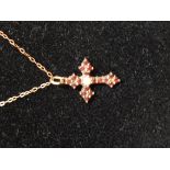 9ct yellow gold garnet crucifix pendant set central pearl on fine link chain