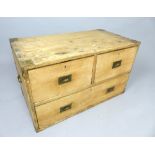 Campaign style pine trunk / table, brass corners and inset handles to the three drawers, later cup