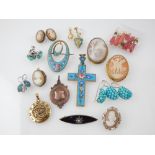 Turquoise decorated earrings, cameos, floral enamel cross and other jewellery.