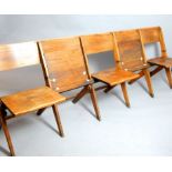 Garden tennis bench, bank of five with individual fold-down oak seats, circa 1930s, 234cm l.