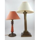 Early 20th century brassed metal Corinthian column table lamp and a painted turned wood lamp