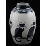 Longwy style vase, decorated with black cats on a white crackle glaze ground, 29cm h