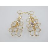 Pair of 14 ct yellow gold moonstone cluster drop earrings.