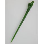 Chinese spinach jade hairpin, dragon finial, twist stem, 20cm l.