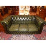 Green leather Chesterfield, buttonback roll arm traditional leather sofa, 185cm l.