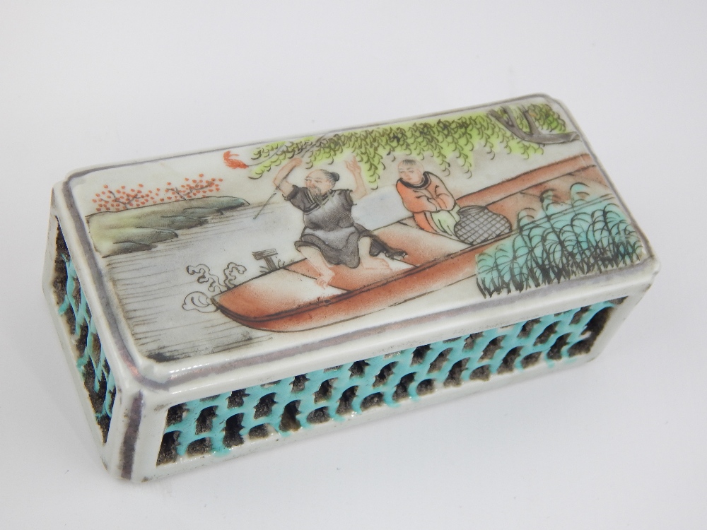 Chinese ceramic paper weight decoration of father & son fishing from a boat,