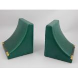 Pair of Asprey green leather book ends, 13.5cm h.