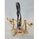 Pair of brass candelabra, with cherub supports,
