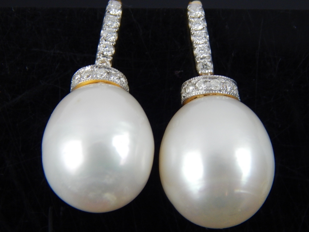 Pair of 18ct white gold diamond and cultured pearl earrings.