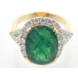 18ct yellow gold emerald and diamond cluster ring, emerald weight 7.37ct, diamond total 0.95ct.