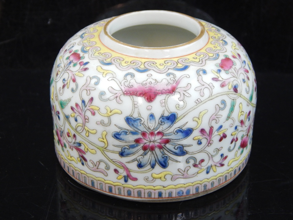 Chinese water brush pot, enamel trailing floral decoration red ink character stamp to base, 7. - Image 3 of 4