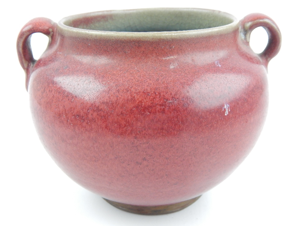 Chinese red glazed twin handled vase, 11cm h. - Image 2 of 3
