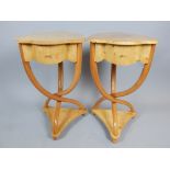 Pair of Biedermeier style burr maple occasional tables with shaped triangular tops on S scroll