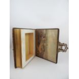 Faux scrap / photograph album concealing a box for trinkets, leather with brass latch, 22 x 18cm.