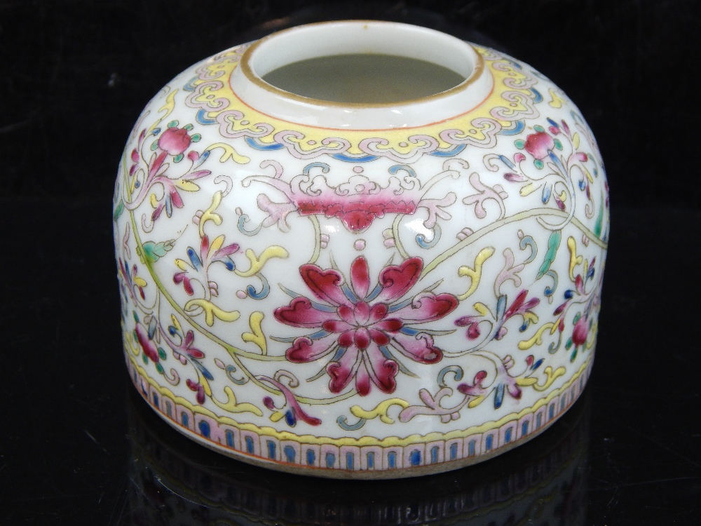 Chinese water brush pot, enamel trailing floral decoration red ink character stamp to base, 7.