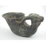 Chinese bronze cup with goat head handle, with character marks to base 13.5cm l.