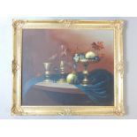 Mauv??, indistinct signature, 20th C still life study of goblet, candle stand and fruit, oil,