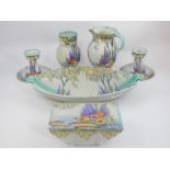 Crown Devon table service, decorated with stocks and summer flowers on a grey mottled ground,