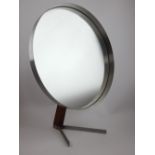 Owen Thomas contemporary Durlston Design mirror, brushed steel with teak stand, 36cm dia.