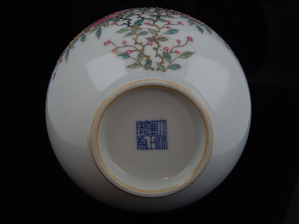 Chinese stem vase all over new blossom and chrysanthemum enamel decoration, blue ink stamp to base, - Image 3 of 3