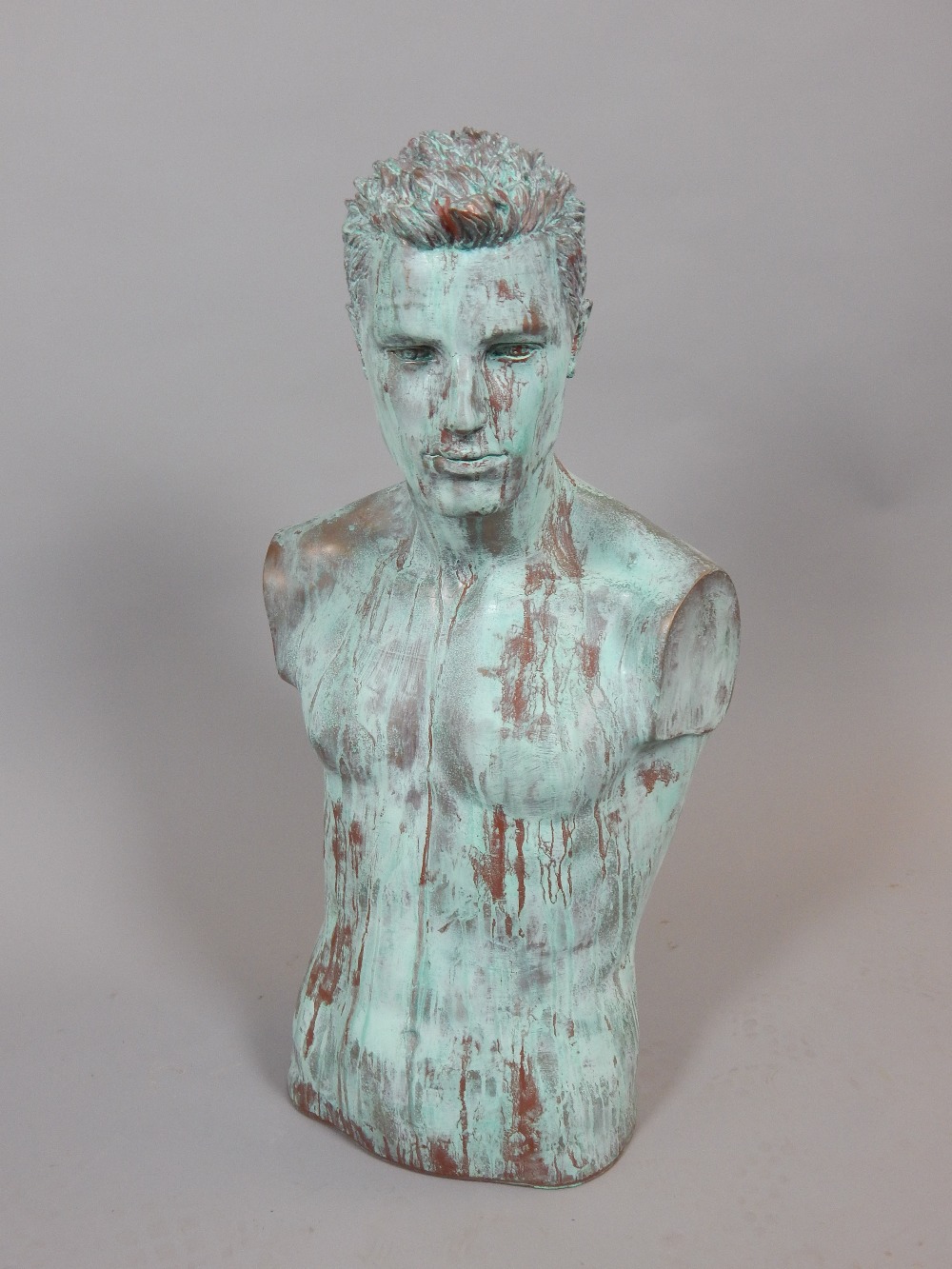 Contemporary male torso, copper and verdigris finish effect, 79cm h.