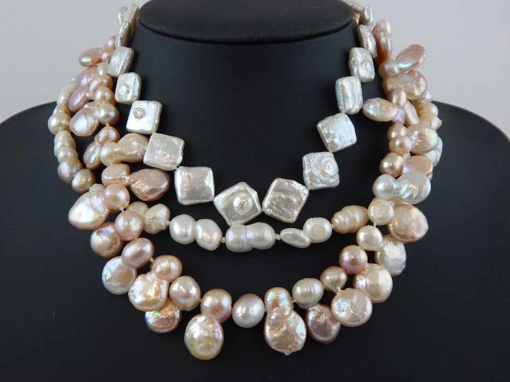 Three freshwater Kasumi style pearl necklaces, one with diamond shape pearls, 35-42cm lengths.