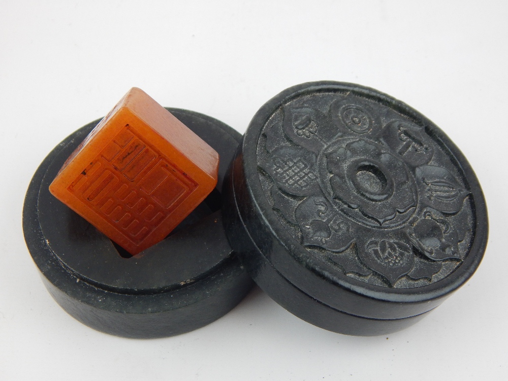Chinese soapstone seal and circular ink stone box.