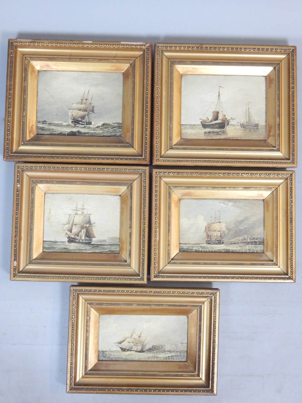 Unsigned, contemporary, five oils of nautical scenes, ships, galleons and wreck upon the rocks,