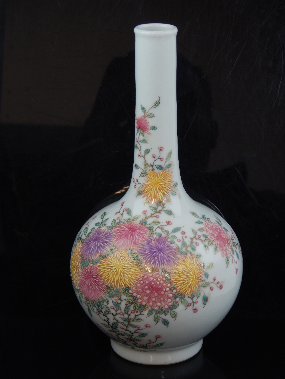 Chinese stem vase all over new blossom and chrysanthemum enamel decoration, blue ink stamp to base,