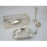 Silver twin compartment cigarette box, marks for Birmingham 1927, 17cm w, a square ashtray,