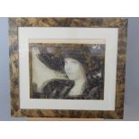 Modern European limited edition print head and shoulders portrait of a lady in wide brimmed hat,