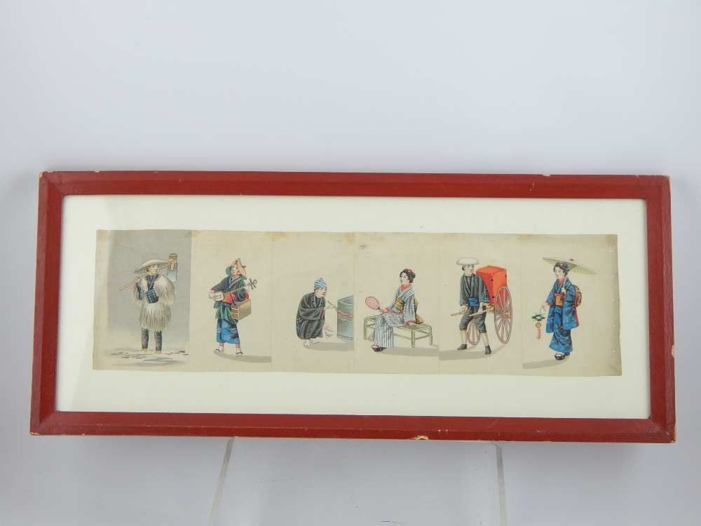 Six Chinese watercolours on silk, framed as one, studies of trade persons, life and costume,