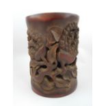 Bamboo brush pot, pierced carving of fruit, leaves and poem to reverse, 18.5cm h.
