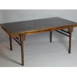 Chinese rectangular hardwood centre table with cleated planked top on pole turned legs with