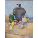 Unsigned, 21st C still life, study of jugs and fruit, oil, 80 x 60cm.