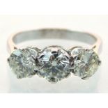 18ct white gold diamond three stone ring, claw set, total weight approx. 2ct.