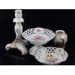 German floral encrusted porcelain candlestick,