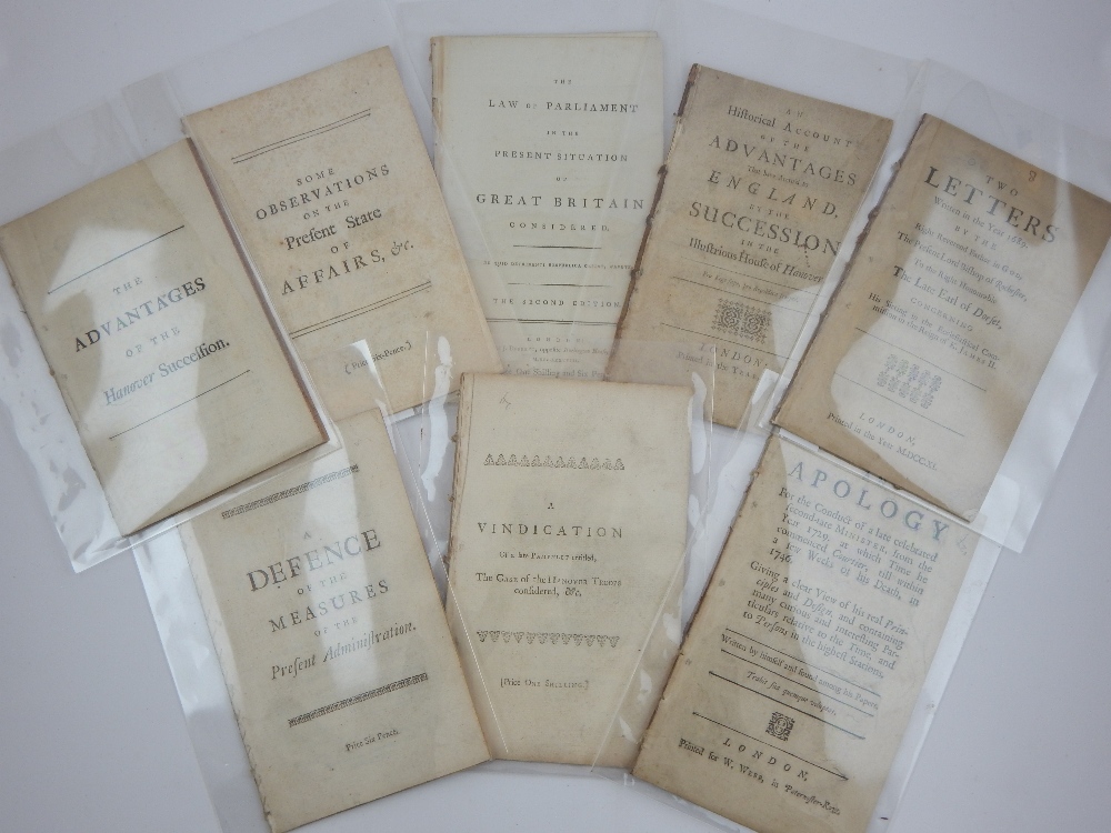 18th C pamphlets, The Advantages of the Hanover Succession, Law of Parliament 1788, and others.