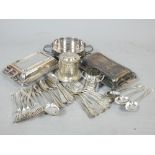 Collection of silver plate table ware including matching feather-edged forks and spoons,