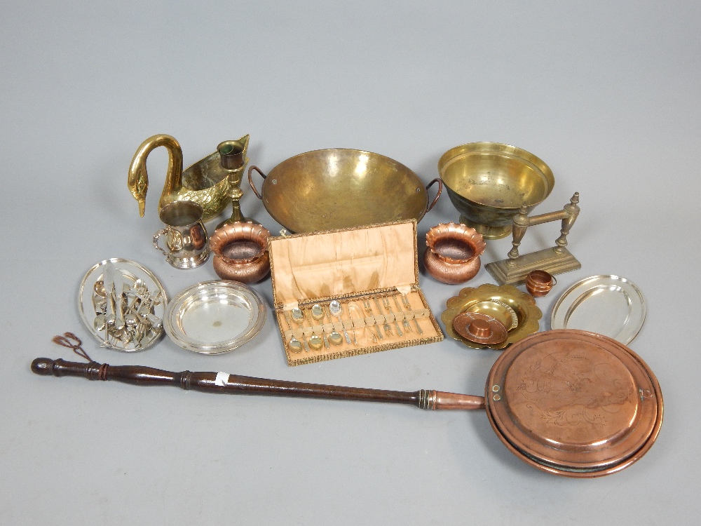 Quantity of Victorian and later metalware and plated ware including a copper warming pan with